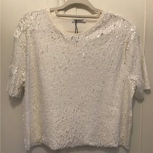 Zara white sequins tee shirt L NWT